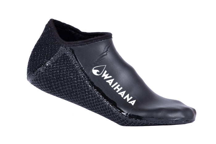 Waihana 1.5mm/3.5mm Essentials Short Sock in black, featuring a textured mesh sole and smooth neoprene upper with the Waihana logo, shown on a white studio background.