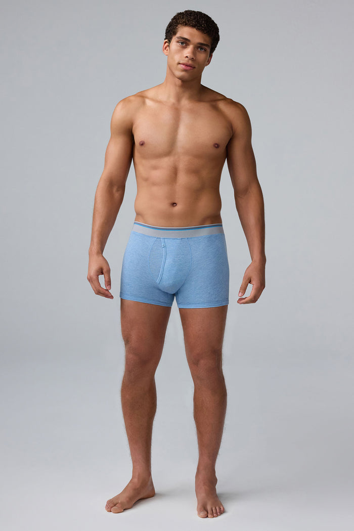 Full body front view of man wearing 18-Hour Jersey Trunk in Seaplane Heather