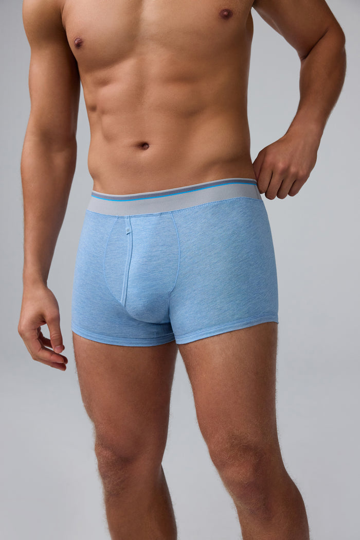 Front view of man wearing 18-Hour Jersey Trunk in Seaplane Heather