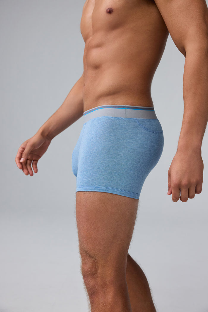 Side view of man wearing 18-Hour Jersey Trunk in Seaplane Heather