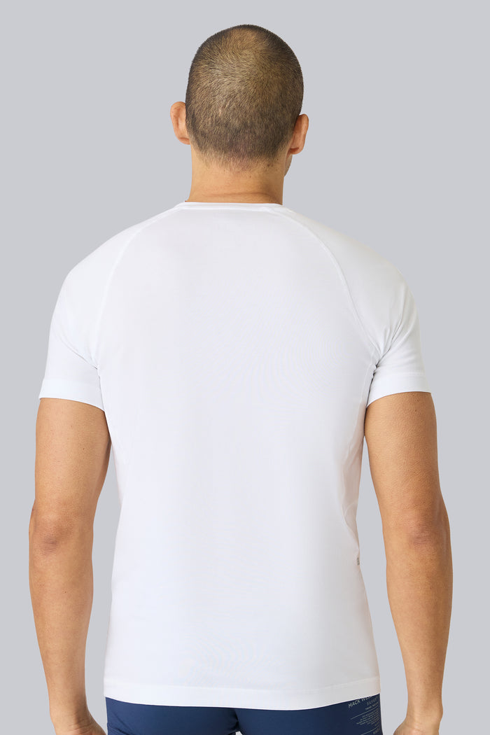 Back view of a man wearing 18HR V-neck Undershirt in Bright White