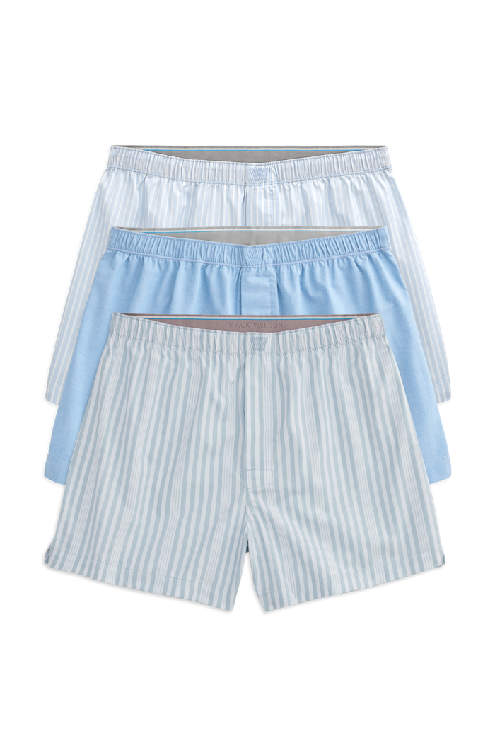 Front view of 3 pack 24/7 woven boxer in Earn Your Stripes