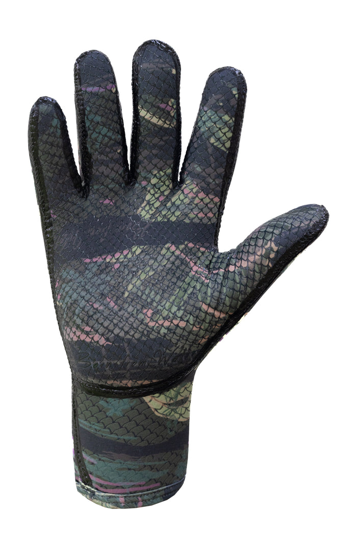 WAIHANA Tropicam Green neoprene spearfishing glove displayed palm-up, showing fish-scale textured grip pattern and camouflage print on a white background.
