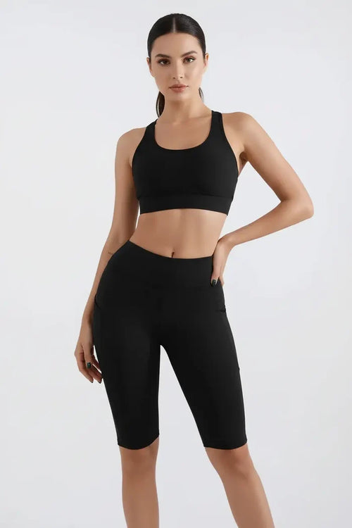 Seamless yoga shorts styled with sports bra for sculpted workout look