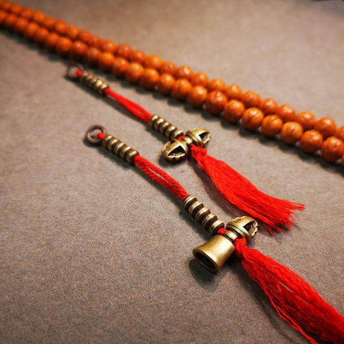 5mm Brass Prayer Bead Counters with Dorje Bell Pendant - Tibetan Buddhist art, front view