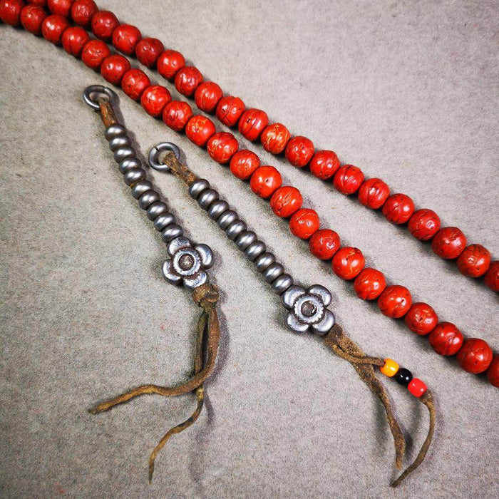 6mm Cold Iron Prayer Bead Counters with Gesang Flower Pendant - Tibetan Buddhist art, detailed view