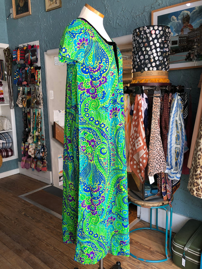 70s Otaheite Grn/Blue Lounge Dress     S (w44)