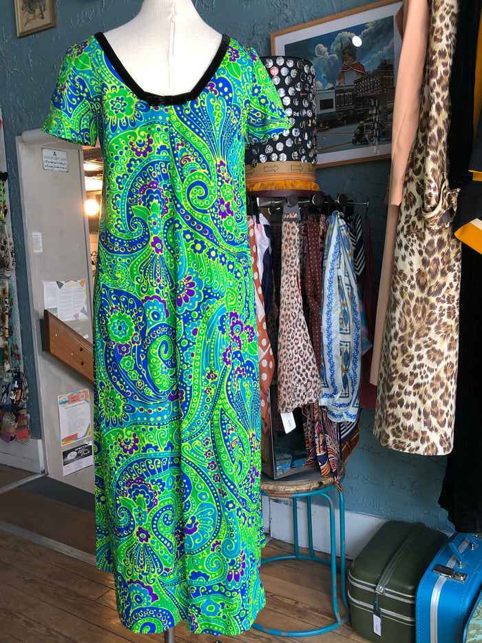 70s Otaheite Grn/Blue Lounge Dress     S (w44)