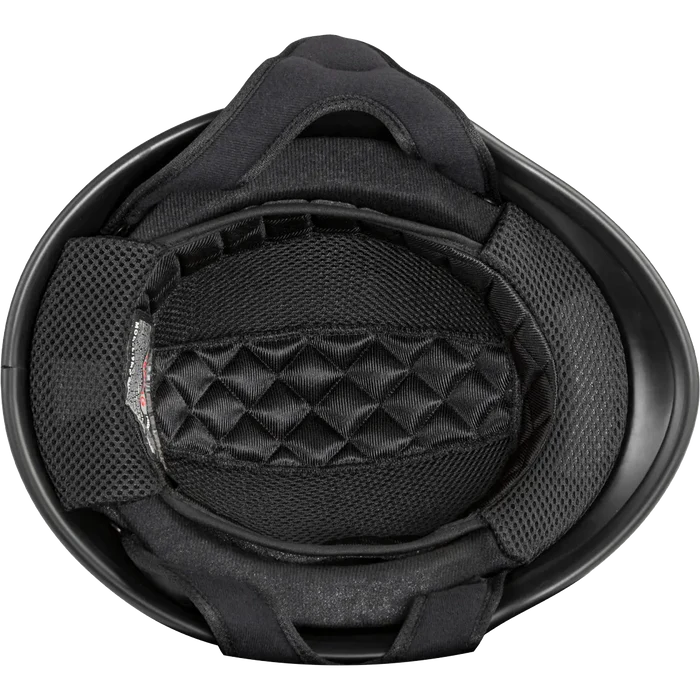 Black helmet interior with quilted padding on a white background