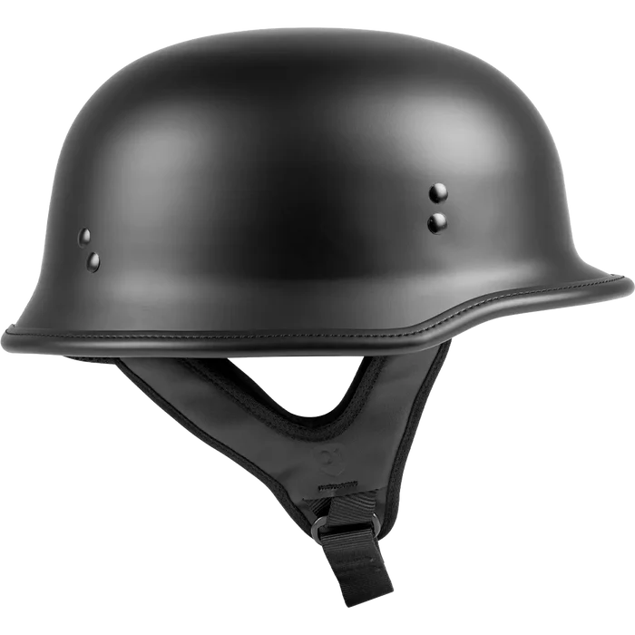 Black military helmet with chin strap on a white background