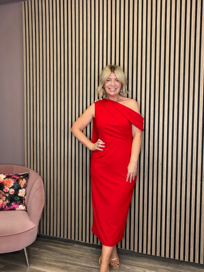 Eleni Drape Midi Dress (Red)