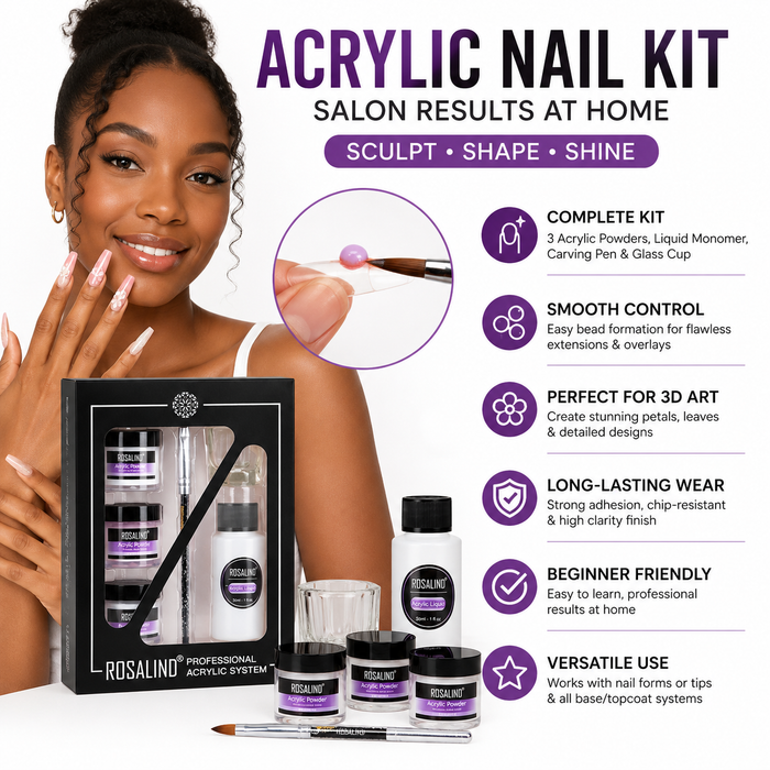Compact acrylic nail kit showing three powders, liquid monomer, ABS tools, glass dappen dish and a precision carving pen set.