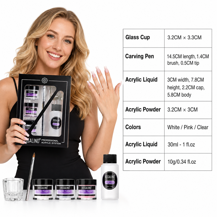 Three acrylic powders with liquid monomer and glass cup displayed as a complete set for overlays, extensions and 3D nail art.