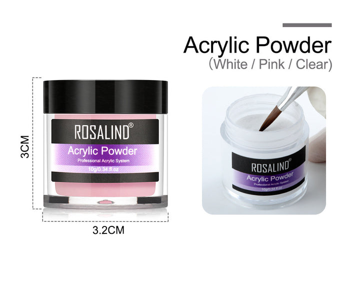 Rosalind acrylic powder container with measurements and a brush on a white background
