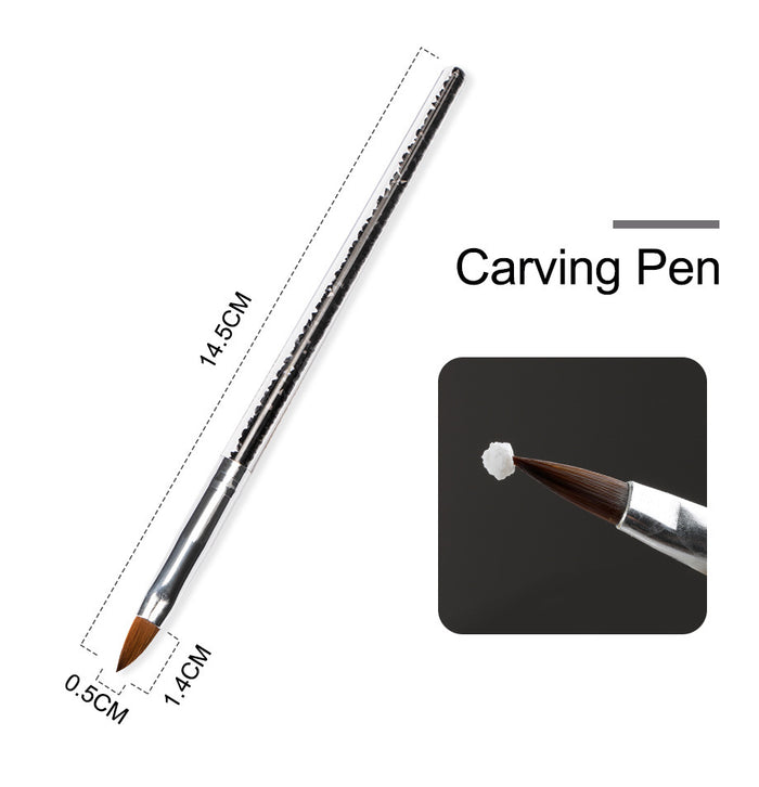 Carving pen with measurements and close-up of tip on a white background