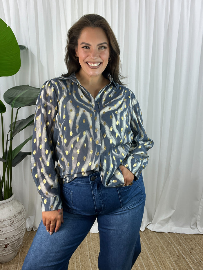 Amberlee Blouse- Steel Grey/Cream