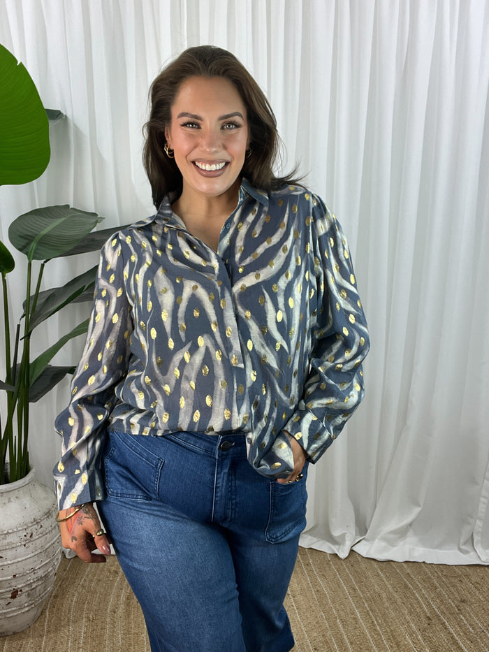 Amberlee Blouse- Steel Grey/Cream