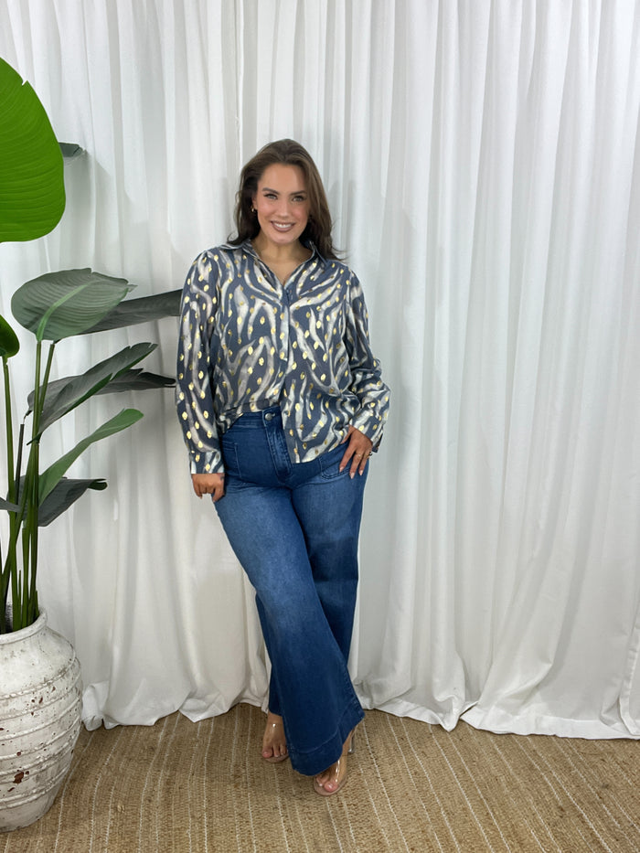 Amberlee Blouse- Steel Grey/Cream