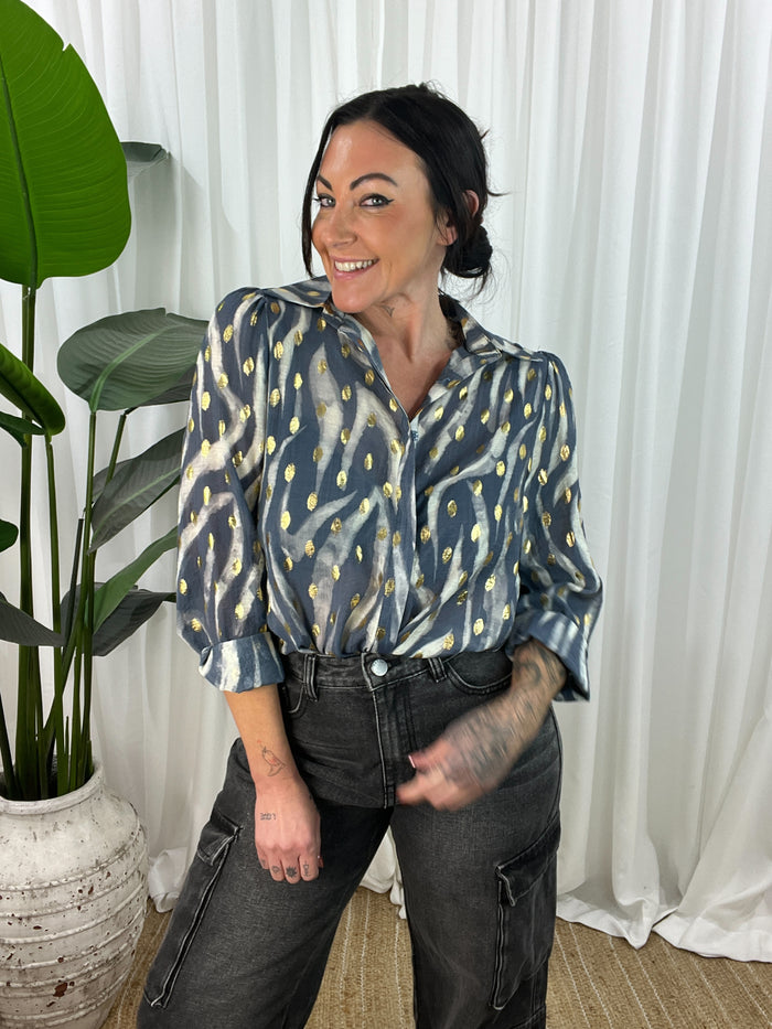 Amberlee Blouse- Steel Grey/Cream