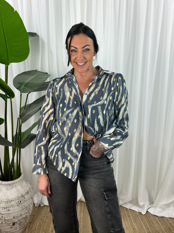 Amberlee Blouse- Steel Grey/Cream