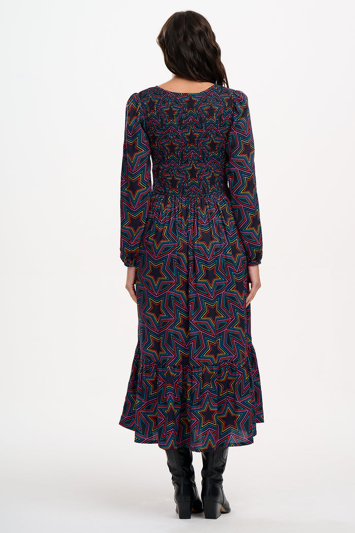 Amberly Shirred Midi Dress (Black, Rainbow Star Explosion)