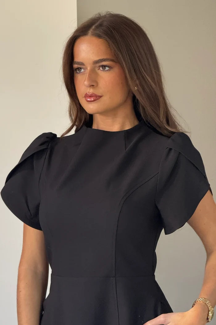 Ami Tulip Sleeve High Neck Dress (Black)