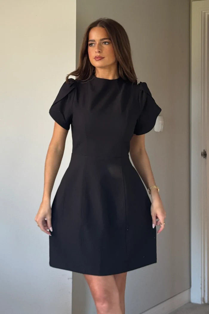 Ami Tulip Sleeve High Neck Dress (Black)