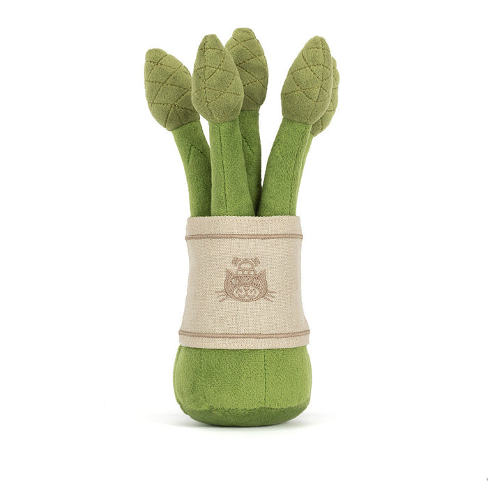 Rear view of Jellycat Amuseables Asparagus showing the back of the cream linen band with an embroidered Jellycat logo, green stalks fanning out above, and the rounded green base, on a white background