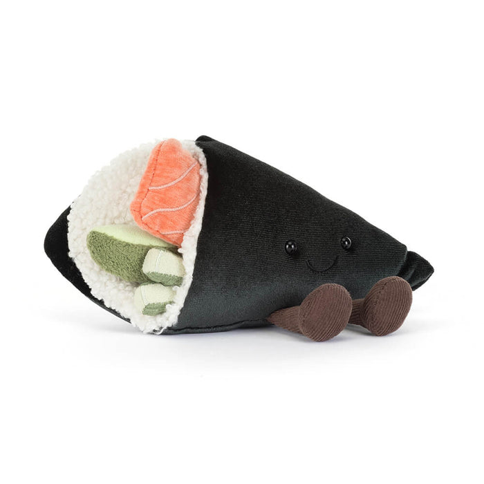 Jellycat Amuseables Coneroi Temaki plush toy shaped like a temaki hand roll, with a black nori cone, white rice sherpa lining, and salmon and avocado filling details, with small brown corduroy feet and black bead eyes, on a white background