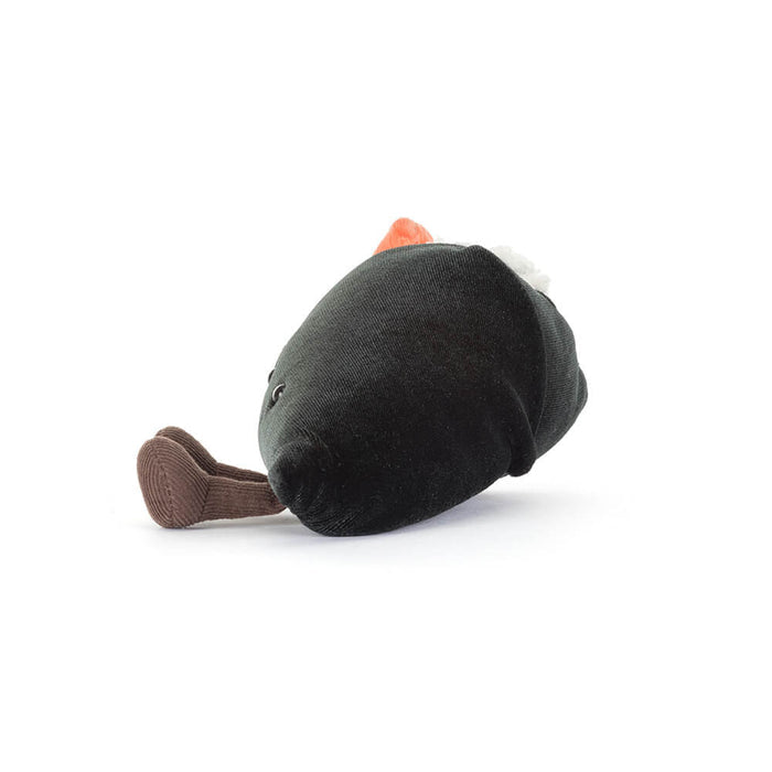 Rear view of the Jellycat Amuseables Coneroi Temaki plush temaki roll showing the dark nori cone shape and one brown corduroy foot, on a white background