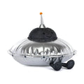 Black plush toy with a silver UFO-like helmet on a white background