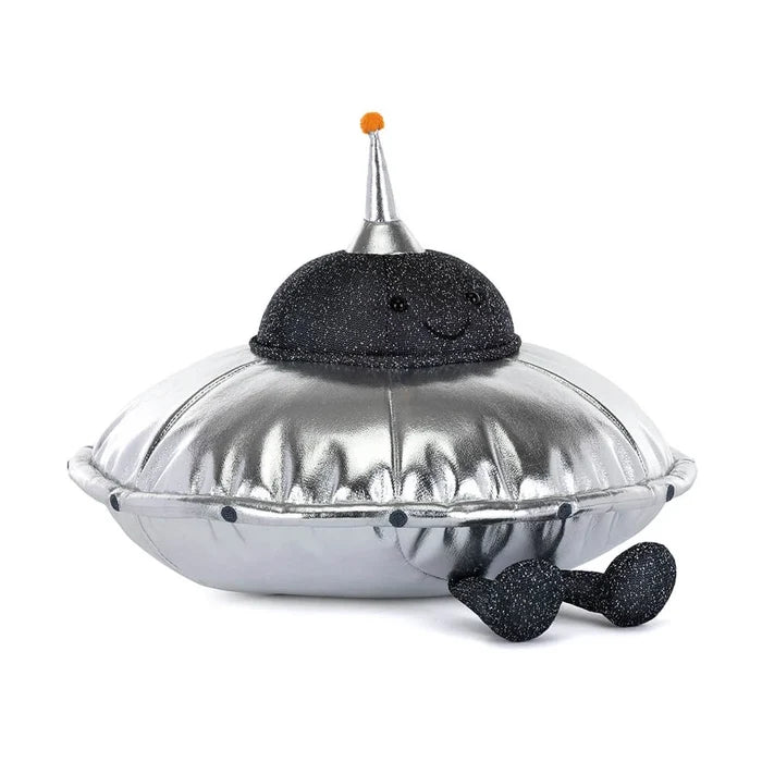 Black plush toy with a silver UFO-like helmet on a white background