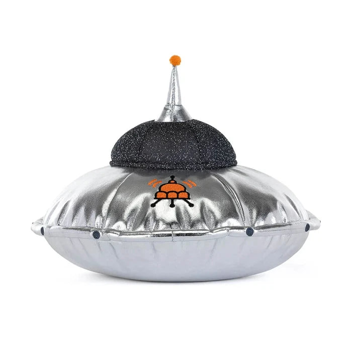 Silver UFO-shaped object with a black top and logo on a white background