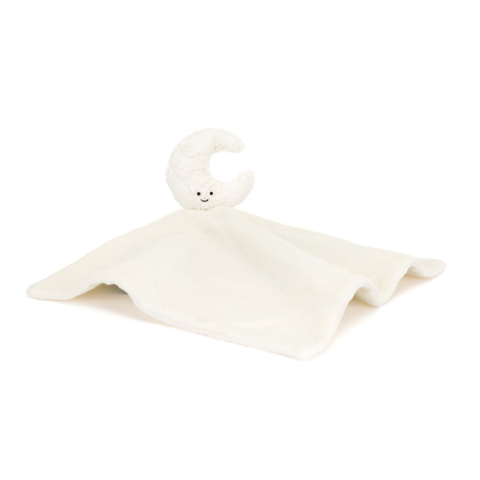 White baby comfort blanket with a crescent moon plush toy attached to one corner on a white background