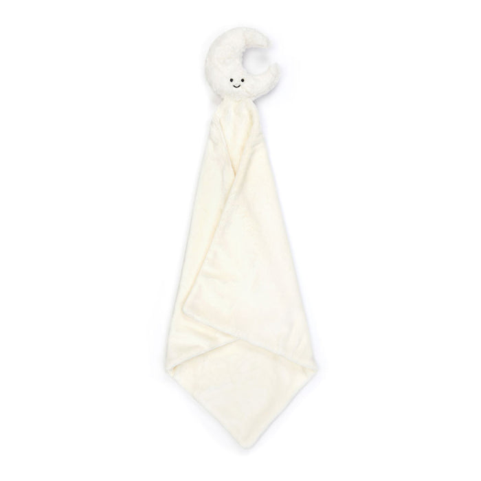 White baby comfort blanket with a crescent moon plush toy attached to a corner on a white background