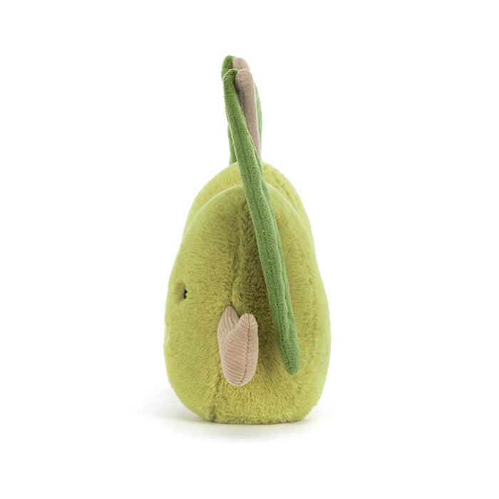 Green plush olive toy with stem on a white background, viewed from the side