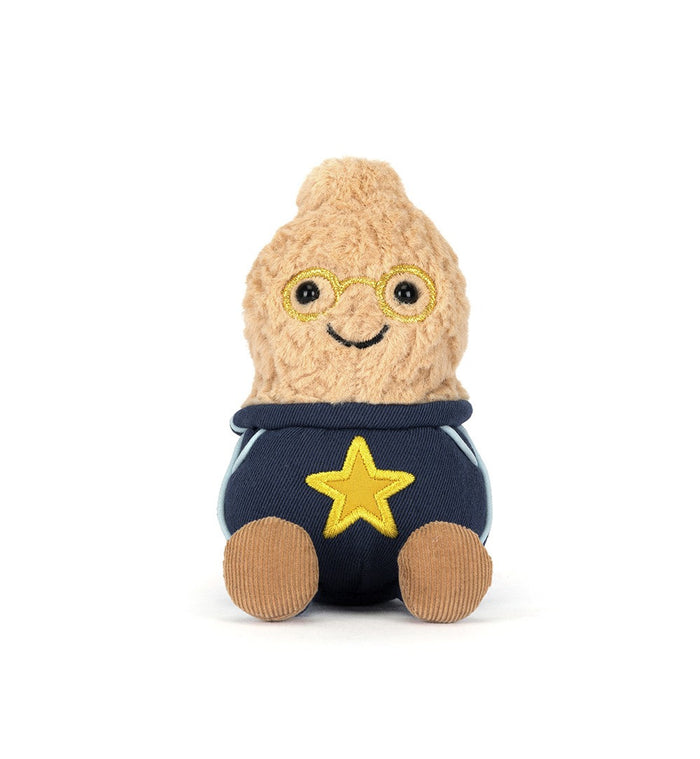 Plush toy resembling a peanut character with glasses and a star on a white background