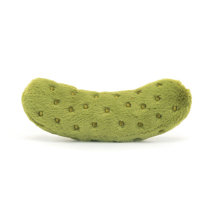 Green pickle-shaped plush toy on a white background, viewed from the back