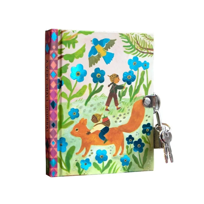 Squirrel Friends journal by Eeboo with an illustration of a child riding a squirrel among blue flowers