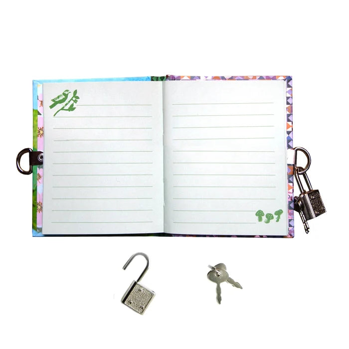 Open diary with floral border, padlock, and key on a white background