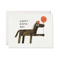 Birthday card with a horse illustration and red balloon on a white background