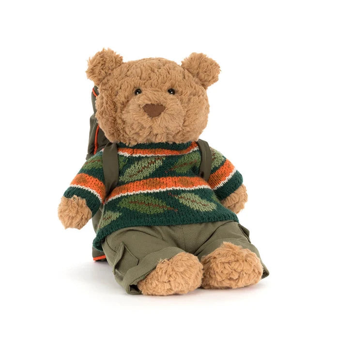 Stuffed teddy bear wearing a sweater and backpack on a white background