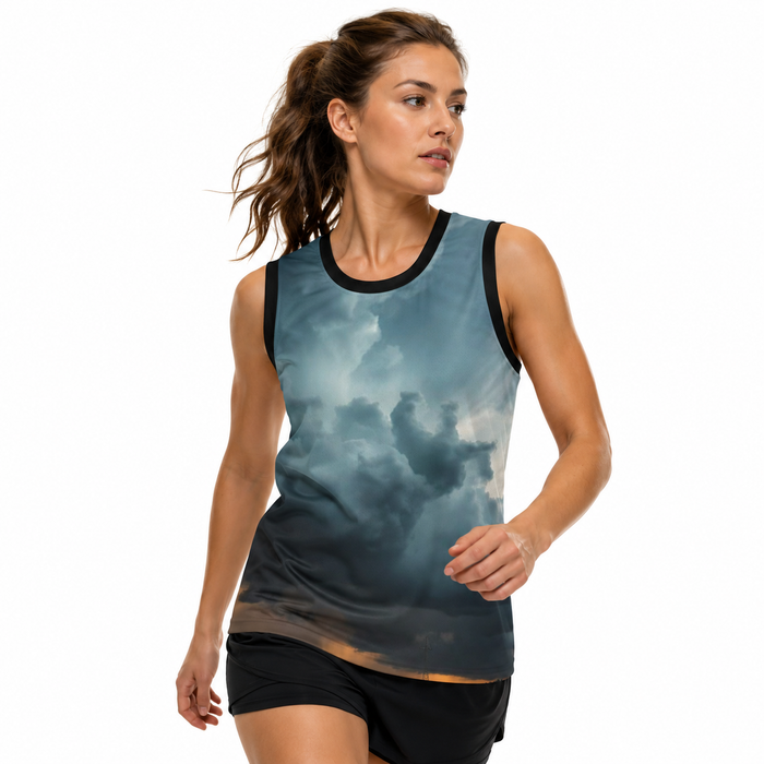 Storm Blue basketball jersey styled with black joggers and sneakers, showing the sleeveless graphic top in one casual outfit.