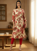 Beige Floral Printed Kurta, Princess Cur Kurta, A-Line Kurta, Floral Print, Mandarin Collar kurta, printed kurta