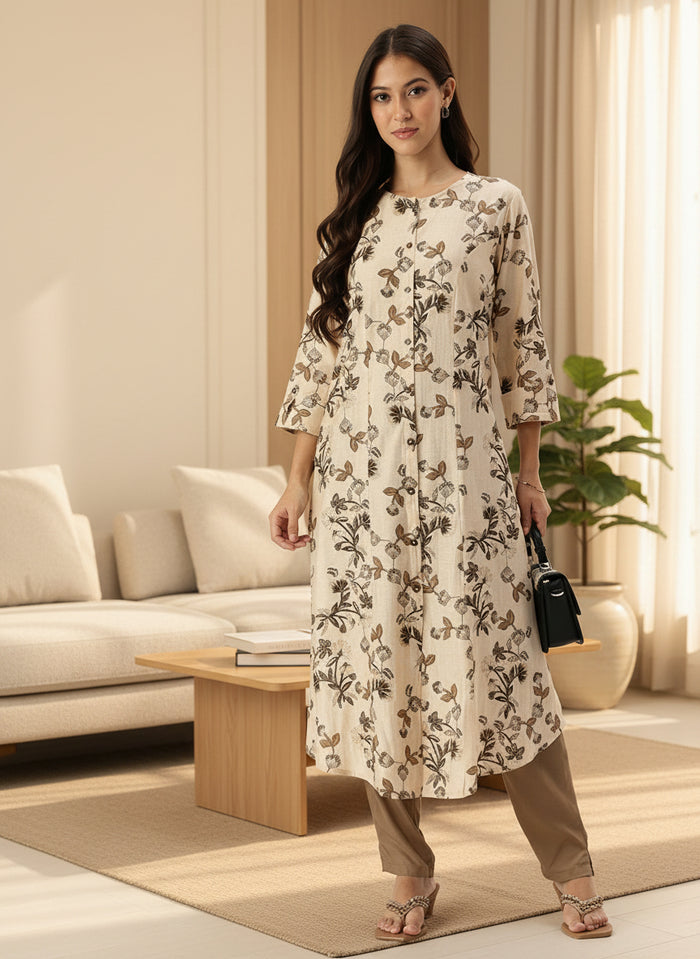 Beige Floral Printed Kurta, Princess Cur Kurta, A-Line Kurta, Floral Print, Mandarin Collar kurta, printed kurta
