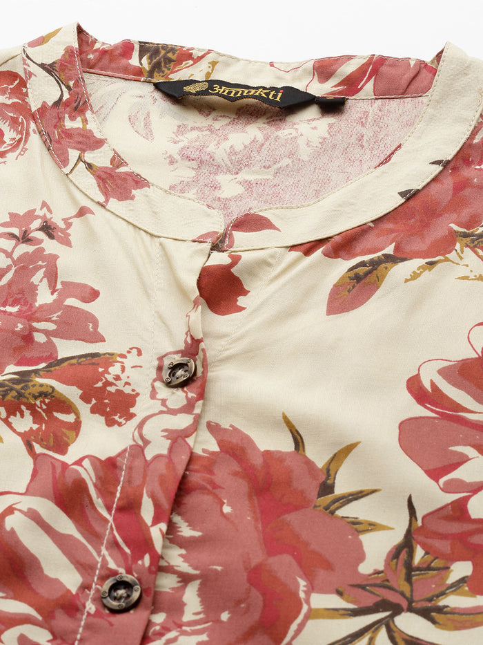Beige Floral Printed Kurta, Princess Cur Kurta, A-Line Kurta, Floral Print, Mandarin Collar kurta, printed kurta