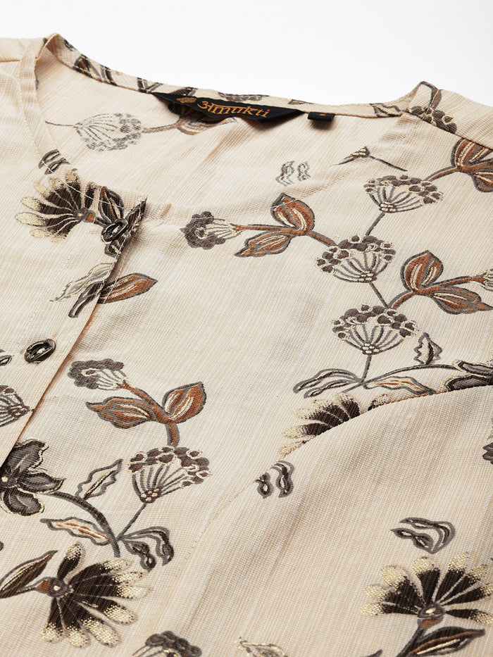 Beige Floral Printed Kurta, Princess Cur Kurta, A-Line Kurta, Floral Print, Mandarin Collar kurta, printed kurta