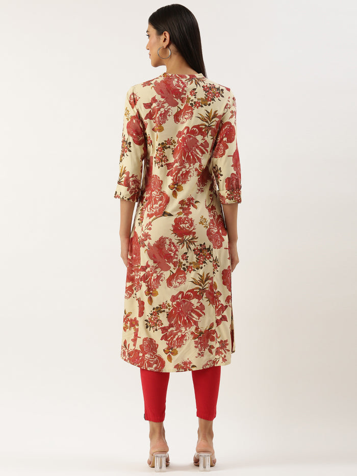 Beige Floral Printed Kurta, Princess Cur Kurta, A-Line Kurta, Floral Print, Mandarin Collar kurta, printed kurta