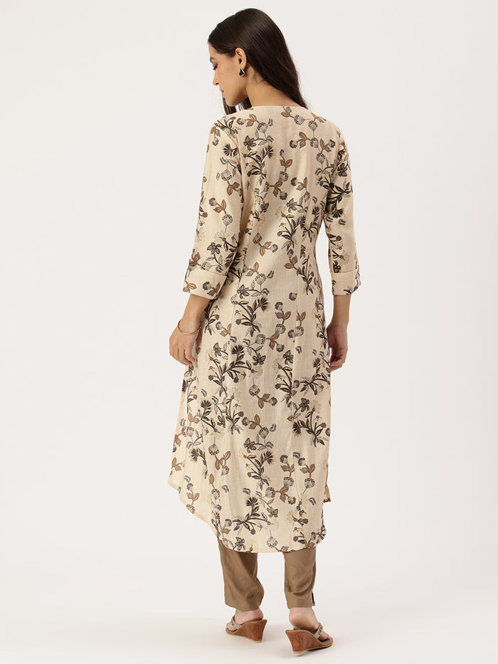 Beige Floral Printed Kurta, Princess Cur Kurta, A-Line Kurta, Floral Print, Mandarin Collar kurta, printed kurta