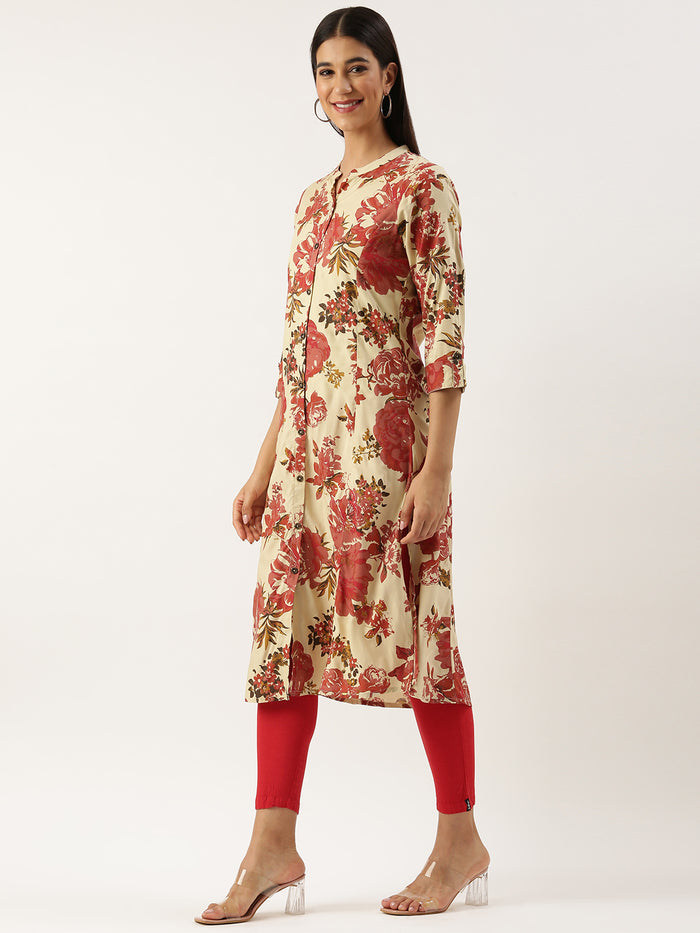 Beige Floral Printed Kurta, Princess Cur Kurta, A-Line Kurta, Floral Print, Mandarin Collar kurta, printed kurta